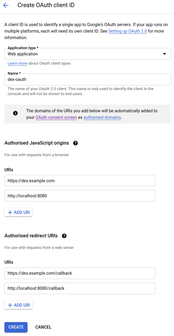 Google OAuth 2.0 settings for Dex